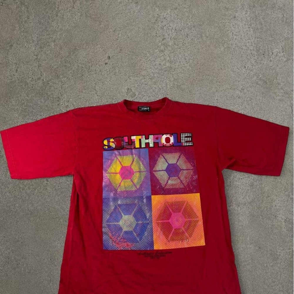 Southpole Mens Y2K Graphic Tee Red Multi Color Pop Art Geometric T-Shirt Large